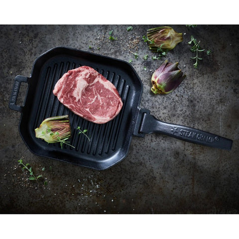 Steak Champ rifliuota ketaus keptuvė su nuimama rankena, 26 x 26 cm