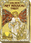 tarot kortos Golden Art Nouveau, auksinės dėžutės priekinis dizainas su angelu, besišlakstančiomis taurėmis ir gėlių ornamentais