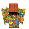 Tarot kortos Golden Tarot of Marseille dėžutė aukso-raudona, pristatomas pakuotės priekinis vaizdas su dviem pavyzdinėmis kortomis