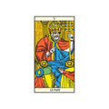 Tarot korta Popiežius, Marseilio stilius, ryškios geltonos, mėlynos ir raudonos spalvos, frontalinė kompozicija su dviem apaštalais, vienos kortos variantas