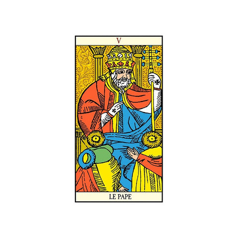 Tarot korta Popiežius, Marseilio stilius, ryškios geltonos, mėlynos ir raudonos spalvos, frontalinė kompozicija su dviem apaštalais, vienos kortos variantas