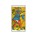 Tarot korta Klajūnas Marseilles stiliaus, mėlynas kostiumas ir raudonos kelnės, lazda, maišelis per petį, geltonas ornamentuotas fonas