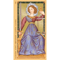 tarot korta Teisingumas — priekinė kortos pusė, viduramžių stiliaus iliustracija su violetine suknele, svarstyklėmis ir kardu
