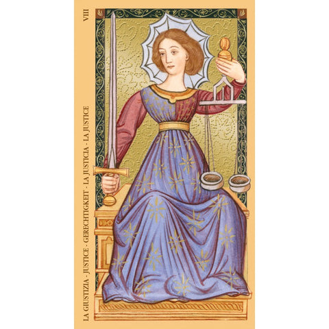 tarot korta Teisingumas — priekinė kortos pusė, viduramžių stiliaus iliustracija su violetine suknele, svarstyklėmis ir kardu