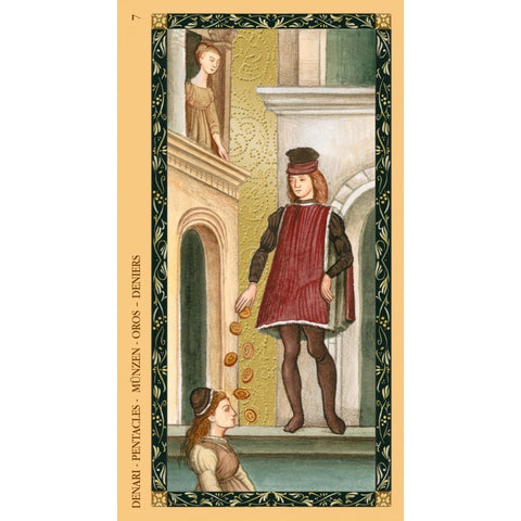 Tarot korta Šeši monetos, klasikinis iliustruotas dizainas: vyras dalija monetas besiklūpančiai moteriai