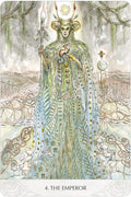 tarot korta Imperatorius, žalia akvarelės iliustracija pilnu ūgiu su raguotu valdovu, rykšte ir grybų motyvais