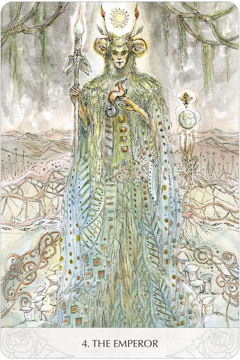 tarot korta Imperatorius, žalia akvarelės iliustracija pilnu ūgiu su raguotu valdovu, rykšte ir grybų motyvais