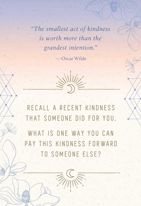 Kortelė su pastelinio ombre fonu ir mėlynomis gėlėmis, citata (Oscar Wilde) ir klausimu skatinti gerumo refleksiją