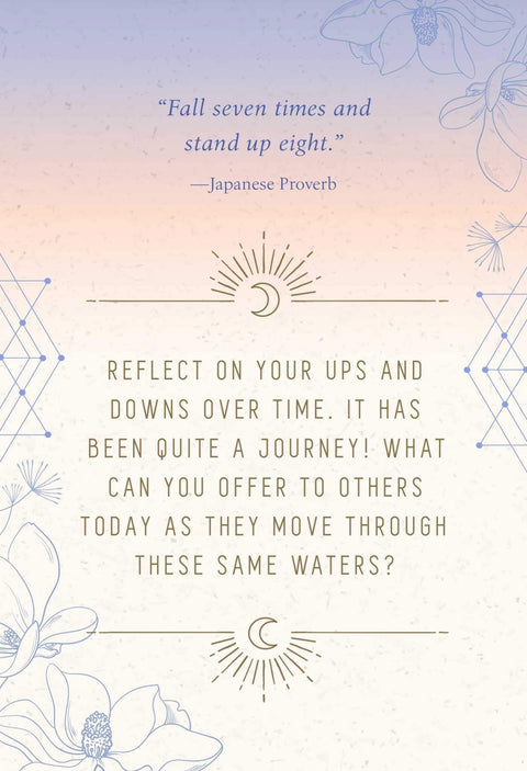 Įkvėpimo kortelė pasteliniame gradiente su mėnulio ir gėlių ornamentais bei japoniška patarle, kviečiančia apmąstymams