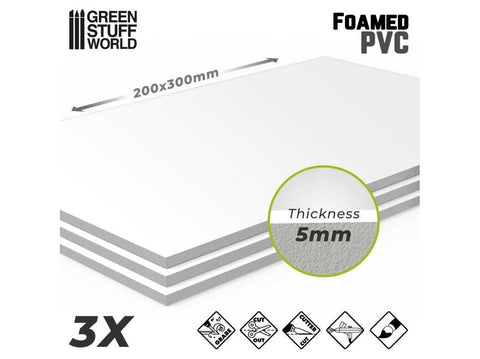 Green Stuff World putų PVC lapai 5 mm, 200×300 mm, balti, 3 vnt.