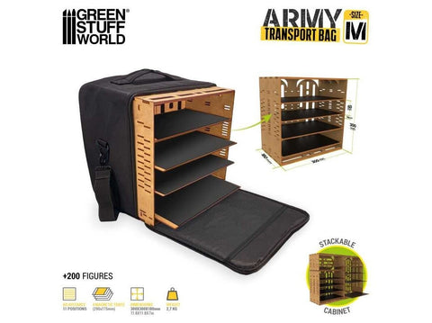 Green Stuff World Army Transport Bag M – figūrėlių tašė, 4 lentynos, magnetams
