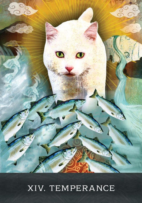 Tarot korta Temperance su baltu katinu ir plaukiančiomis žuvimis, žaismingai iliustruotas kolekcinis variantas