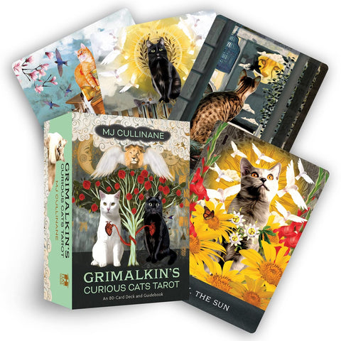 Grimalkin's kačių taro rinkinys: MJ Cullinane dėžutė su 80 kortų ir keli pavyzdiniai ryškūs kortų dizainai (Saulė, katės, gėlės)