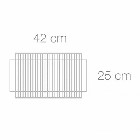 Grotelės – kepimo grotelių matmenys 42 × 25 cm, parodyta viršutinė tinklelio ir rėmo išdėstymo schema