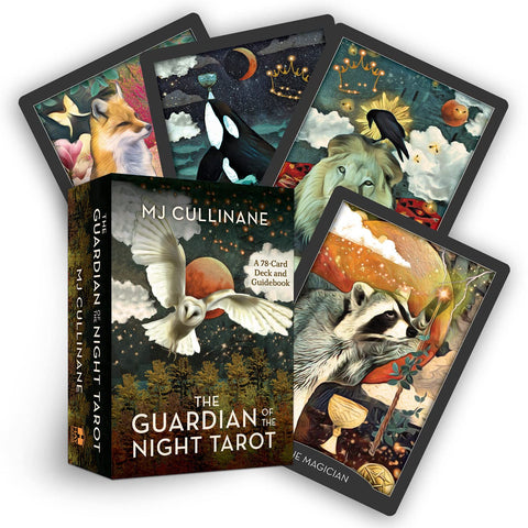 Guardian of the Night tarot kortos, MJ Cullinane — 78 kortų rinkinys su vadovėliu; fanuotos kortos skirtingomis gyvūnų iliustracijomis: pelėda, meškėnas, liūtas, lapė