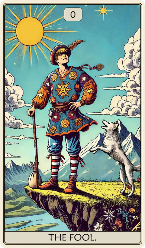 tarot korta Kvailys, spalvota iliustracija: keliautojas ant uolos su lazdą ir lojanciu šuniuku, aiškus priekinis variantas
