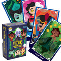Disney piktadarių tarot kortų rinkinys Funko Pop stiliumi, mėlynoje dėžutėje su keliais spalvotais kortų fragmentais ir matoma VII of Coins korta