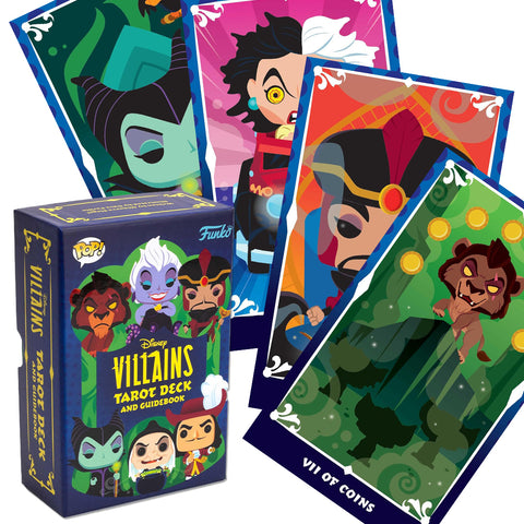 Disney piktadarių tarot kortų rinkinys Funko Pop stiliumi, mėlynoje dėžutėje su keliais spalvotais kortų fragmentais ir matoma VII of Coins korta