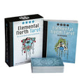 Elemental North Tarot 78 kortų rinkinys su mėlyna kortų krūvele, dekoruotu dėklu ir gidine knyga, priekinis kampas