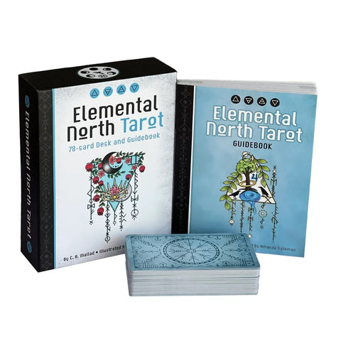 Elemental North Tarot 78 kortų rinkinys su mėlyna kortų krūvele, dekoruotu dėklu ir gidine knyga, priekinis kampas