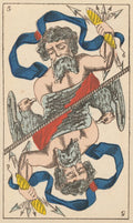 tarot korta vintage stilistikos, veidrodinė barzdoto dievo figūra su griaustiniu ir raudonu šaliku