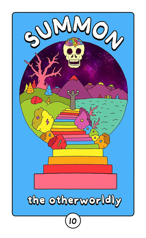 tarot korta Summon — ryškiaspalvė psichodelinė iliustracija su vaivorykštiniais laiptais, kaukole viršuje ir kosminiu fone