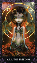 tarot korta Lilith's Freedom – mistinė korta su sparnais, grandinėmis ir švytinčiu oranžiniu halo, tinka teminiam taro rinkiniui