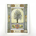 tarot korta Rowan (2) su detaliniu medžio piešiniu ir penktakampės žvaigždės emblema, priekinis baltai‑gelsvas dizainas ir dekoratyvūs kantai