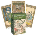 Harmonious Tarot kortos, žalios dėžutės komplektas su trimis dekoratyvinėmis retro iliustruotomis kortomis fone.