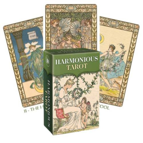 Harmonious Tarot kortos, žalios dėžutės komplektas su trimis dekoratyvinėmis retro iliustruotomis kortomis fone.