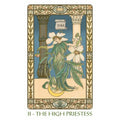 Tarot korta Aukščiausioji Kunigė – art nouveau iliustracija su žalsvais lapais, mėlynu fonu ir ornamentiniu rėmu
