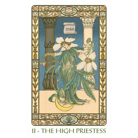 Tarot korta Aukščiausioji Kunigė – art nouveau iliustracija su žalsvais lapais, mėlynu fonu ir ornamentiniu rėmu