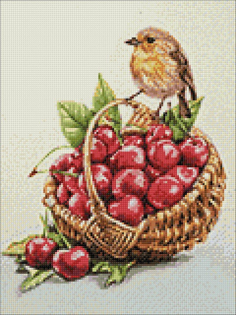 deimantinė mozaika 30×40 cm krepšelis su sodriomis raudonomis vyšniomis ir geltonu paukšteliu, smulkūs kvadratėliai