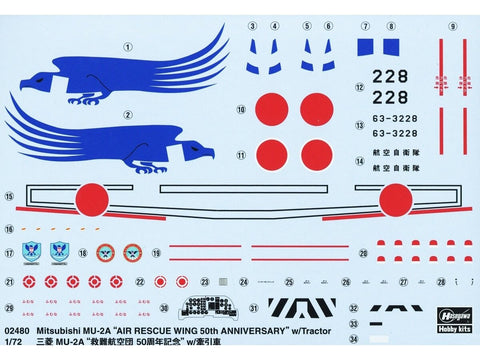 Hasegawa Mitsubishi MU‑2A Oro gelbėjimo 50‑metis 1/72 rib. leid. su traktoriumi