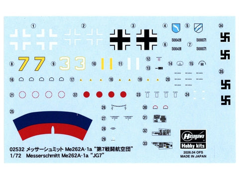 Hasegawa Messerschmitt Me262A-1a JG7, surenkamas lėktuvo modelis 1/72, 02532