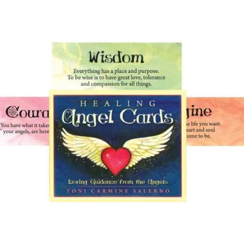 Healing Angel Cards kortų rinkinys — mėlyna dėžutė su raudona širdimi ir auksinėmis sparnais, komplekte įkvėpimo kortelės
