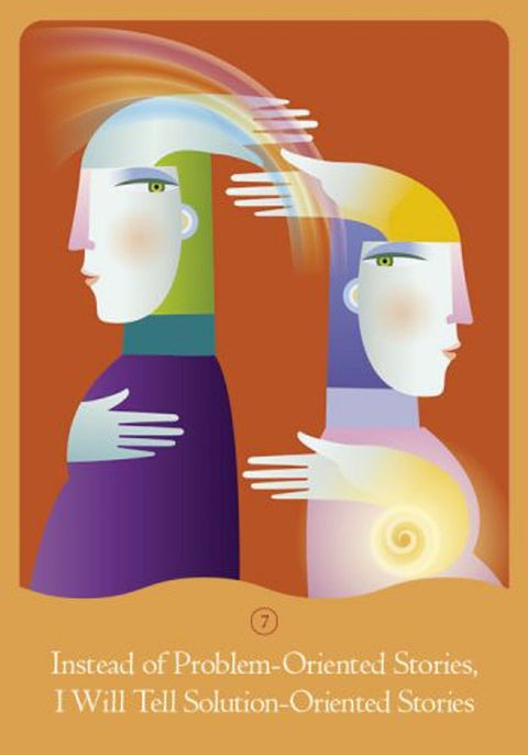 Plakatas su abstrakčiu dviem profilių piešiniu ryškiai oranžiniame fone, violetinė apranga ir tekstu apačioje apie sprendimus