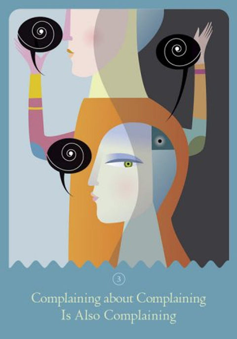 Plakatas abstraktus, mėlynos ir oranžinės spalvų, su profilinėmis figūromis ir tekstu „Complaining about Complaining Is Also Complaining“ apačioje