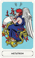 Tarot korta Metatron, poparto stiliaus mėlynas fonas, baltos angelų sparnai ir raudoni akcentai, priekinis kortos variantas parduotuvėje