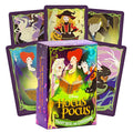 Hocus Pocus tarot kortų rinkinys Disney, violetinė dėžutė su gidų knygele ir penkiomis iliustruotomis kortomis, rodoma iš priekio
