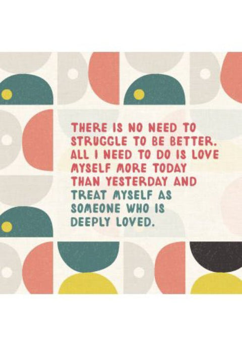 Plakatas su anglišku motyvaciniu užrašu „love myself“ ir retro geometriniu raštu pastelinėmis koralo, žalsvos ir geltonos spalvos
