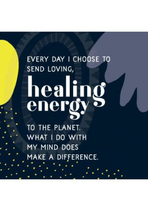 Plakatas motyvacinis tamsiai mėlynas su geltonais akcentais ir baltu užrašu healing energy, skirtas įkvėpti kasdien