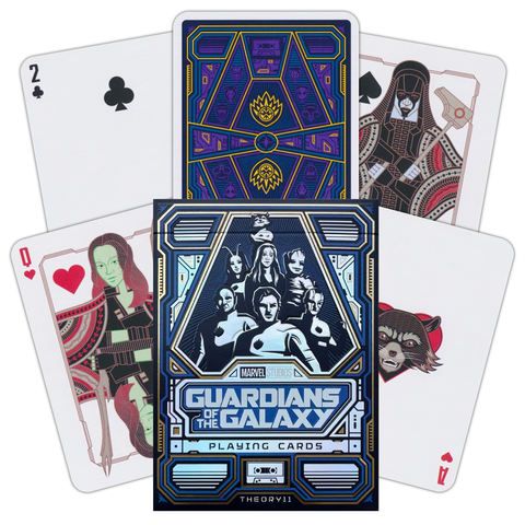 Guardians of the Galaxy kortų kaladė (Marvel) – mėlynos ir auksinės pakuotės priekinė dalis su išskleistomis personažų kortomis
