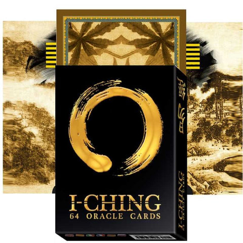 I-Ching kortos juodoje dėžutėje su auksiniu zen ratu, 64 orakulo kortos, pakuotės priekinė dalis ir dekoratyvus nugarėlių raštas