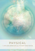 Affirmacijos kortelė Physical turkio ir aukso geometriniu piešiniu, su anglišku tekstu „I love and appreciate…“, skirta kūno vertinimui
