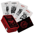 Tarot kortos Occult Tarot, raudonas kišeninis metalinis dėklas su kortų nugarėlėmis ir atvertomis juodai–baltomis simbolinėmis kortomis