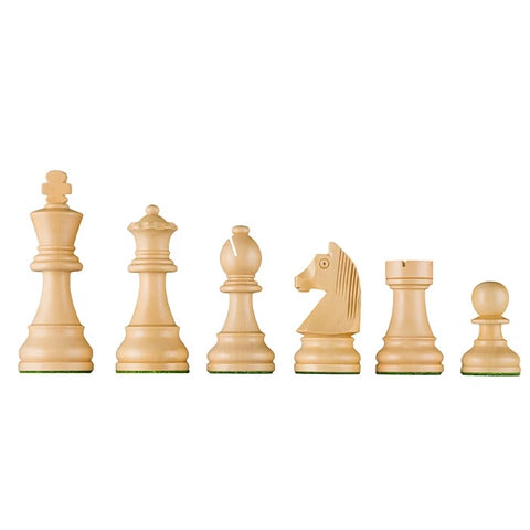 Medinės šachmatų figūrėlės, šviesaus ąžuolo apdaila, Staunton stilius: karalius, karalienė, bėglys, žirgas, bokštas, pėstininkas iš priekio
