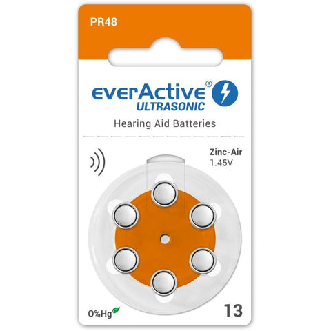 Everactive Ultrasonic 13 PR48 klausos aparatų baterijos, 6 vnt.