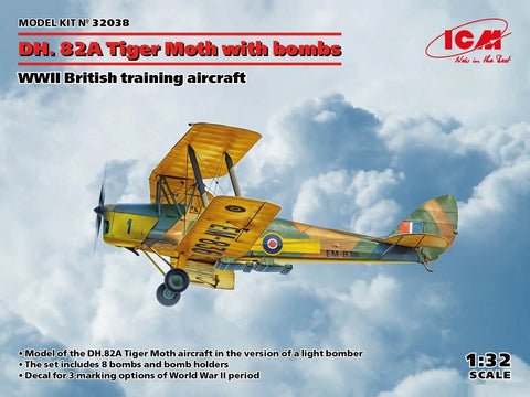 ICM De Havilland DH.82 Tiger Moth 1/32 britų WW2 surenkamas modelis su bombomis
