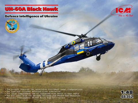 ICM UH-60A Black Hawk Ukrainos žvalgybos sraigtasparnis 1/48 plastikinis rinkinys